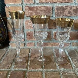 Elegant Crystal Wine & Champagne Glasses Wide Gold Rim Set of 3